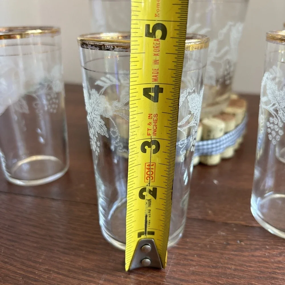 VTG‎ Bartlett Collins Frosted Grape Leaf Gold Rim Glasses 8oz (4) W/ Ice Bucket